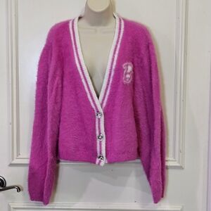 Barbie Pink Fluffy Cardigan with White Trim,Size X-Large